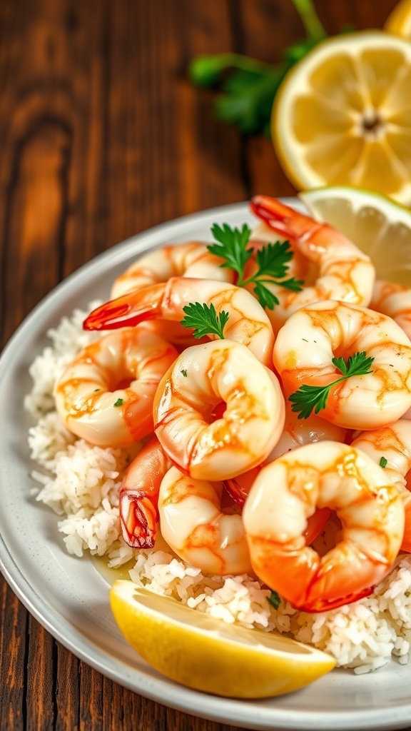 A plate of seasoned shrimp with parsley and lemon wedges on a wooden table.